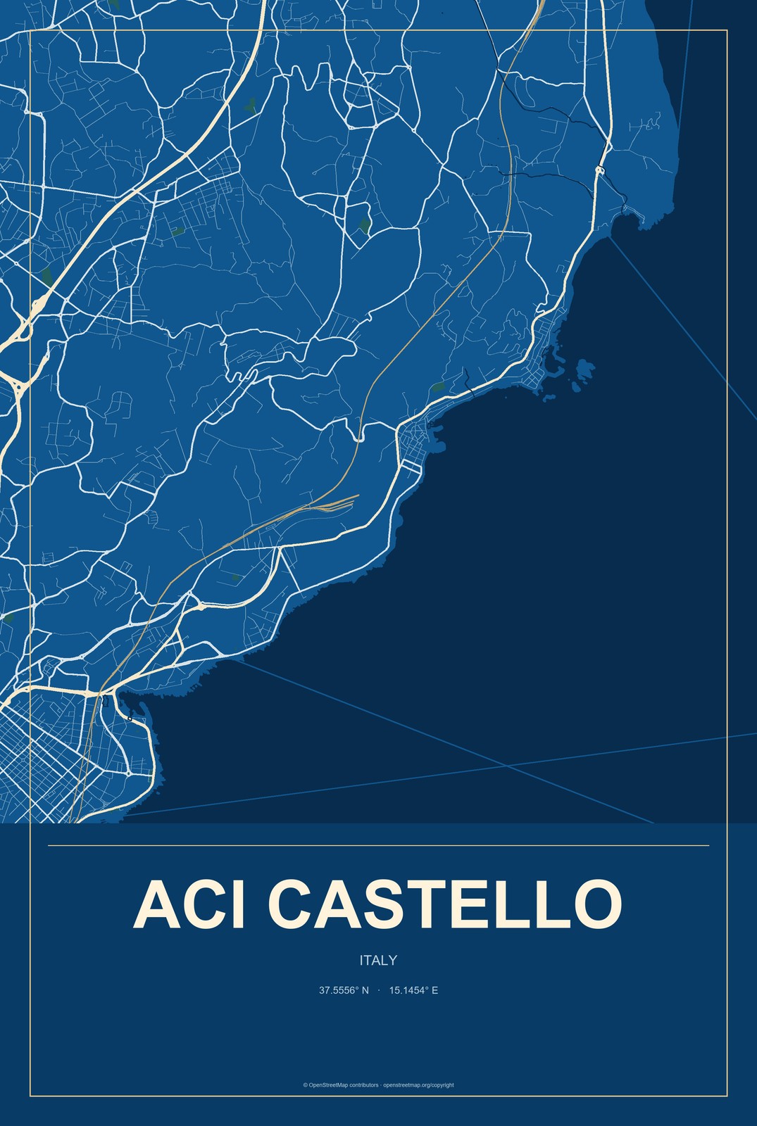 Aci Castello, Italy City Map Aluminum Sign in Harbor Cobalt style