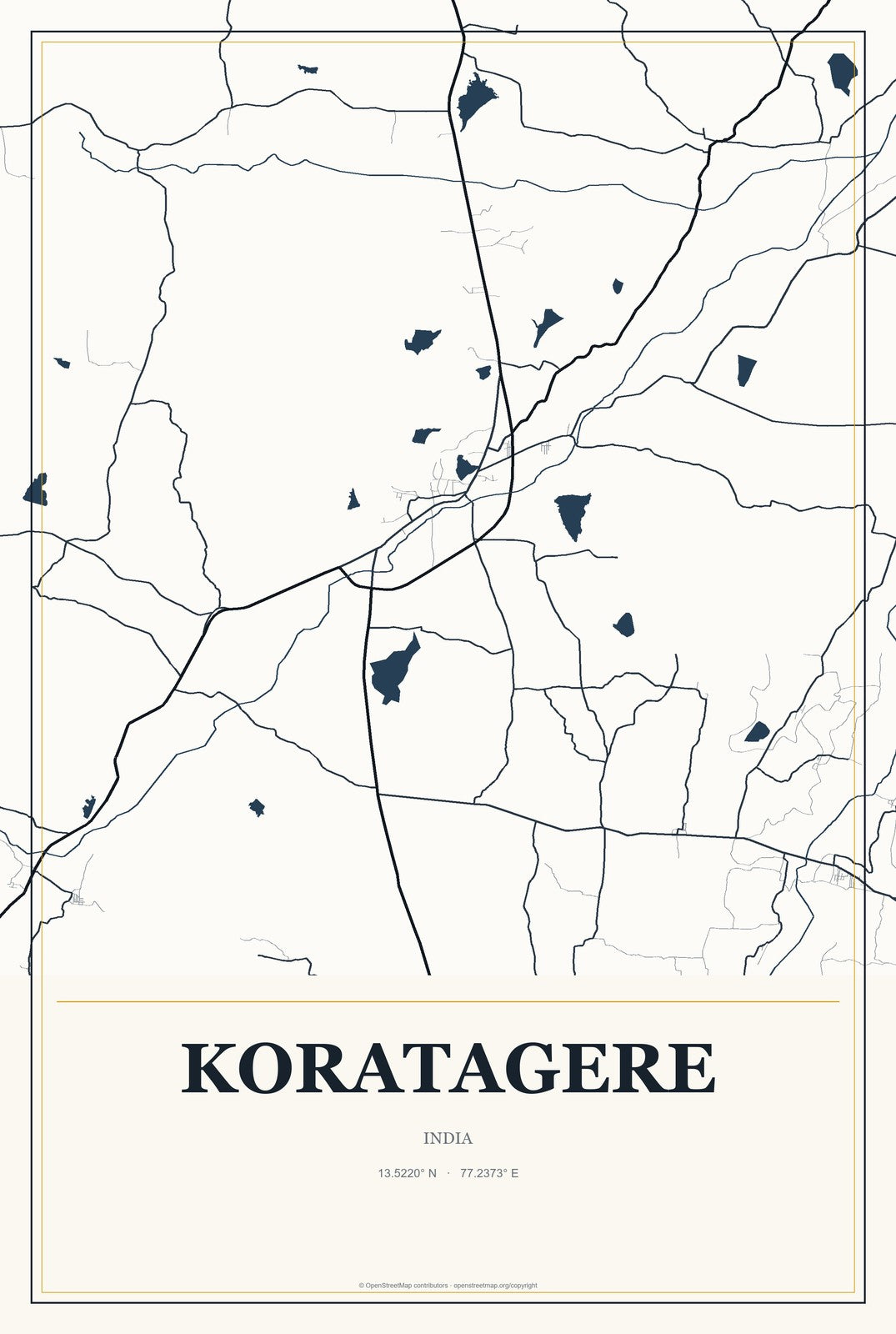 Koratagere, India City Map Aluminum Sign in Citrine Modern style