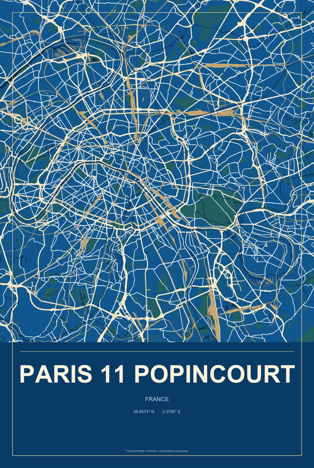 Paris 11 Popincourt, France City Map Aluminum Sign in Harbor Cobalt style