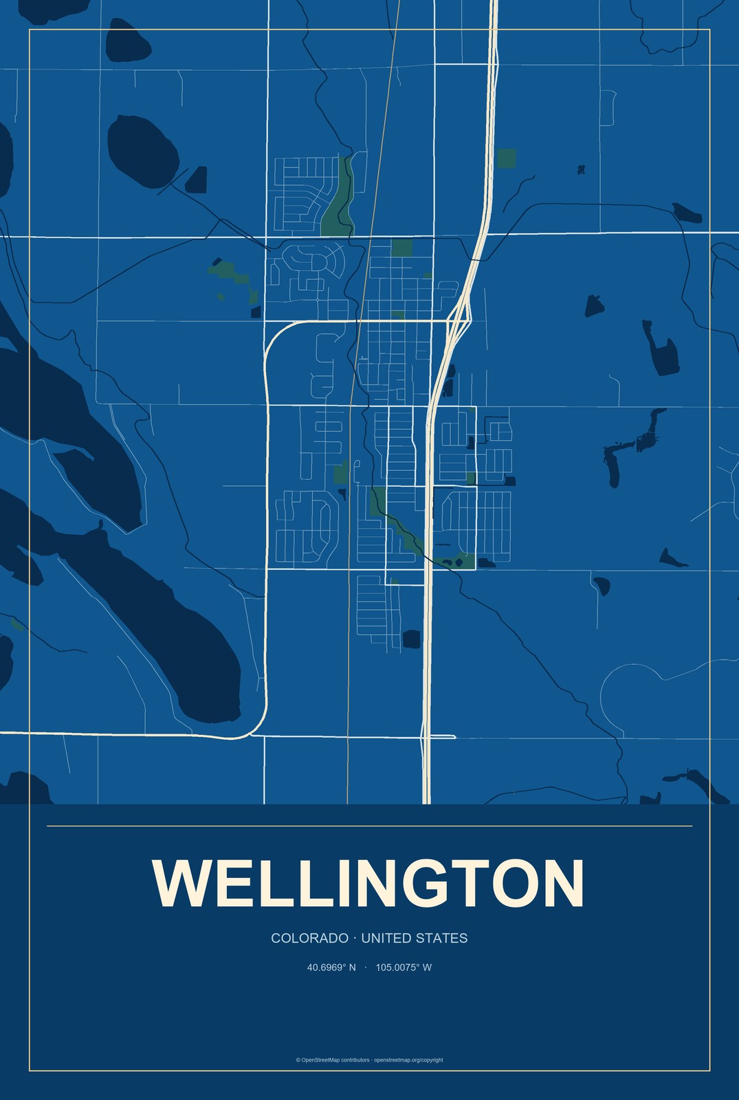 Wellington, Colorado City Map Aluminum Sign in Harbor Cobalt style