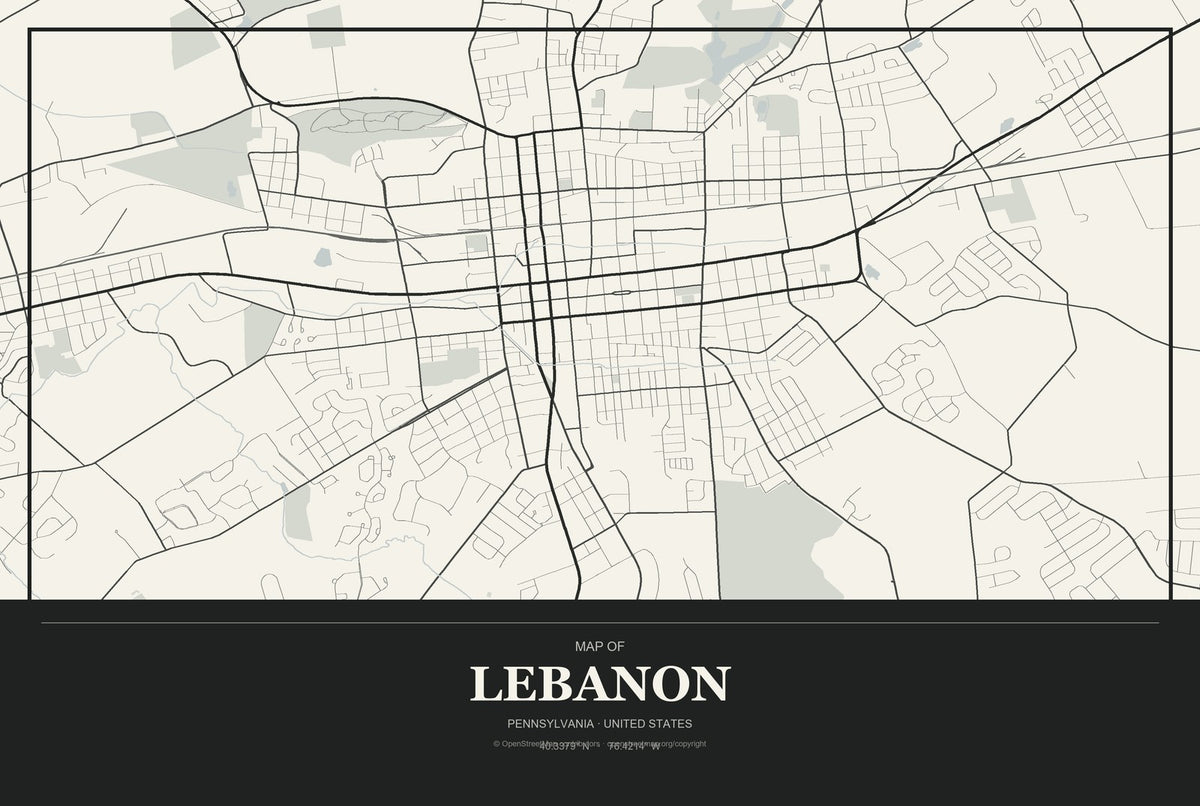 Lebanon, Pennsylvania City Map Aluminum Sign in Museum Plaque style