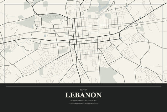 Lebanon, Pennsylvania City Map Aluminum Sign in Museum Plaque style