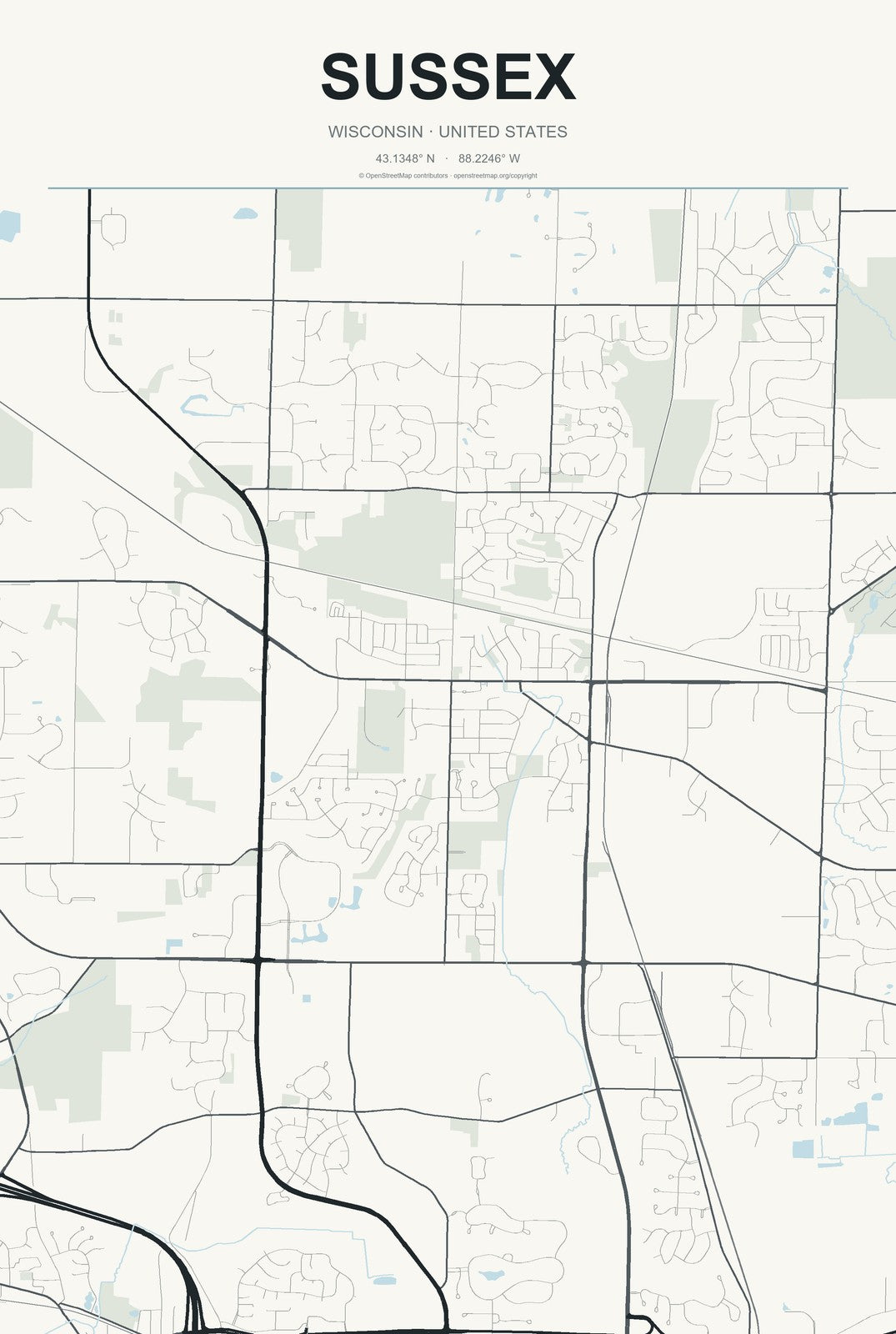 Sussex, Wisconsin City Map Aluminum Sign in Headline Atlas style