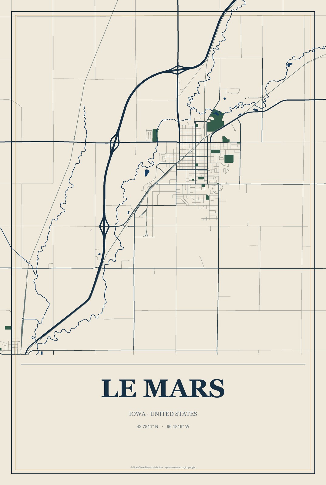 Le Mars, Iowa City Map Aluminum Sign in Coastal Cutout style