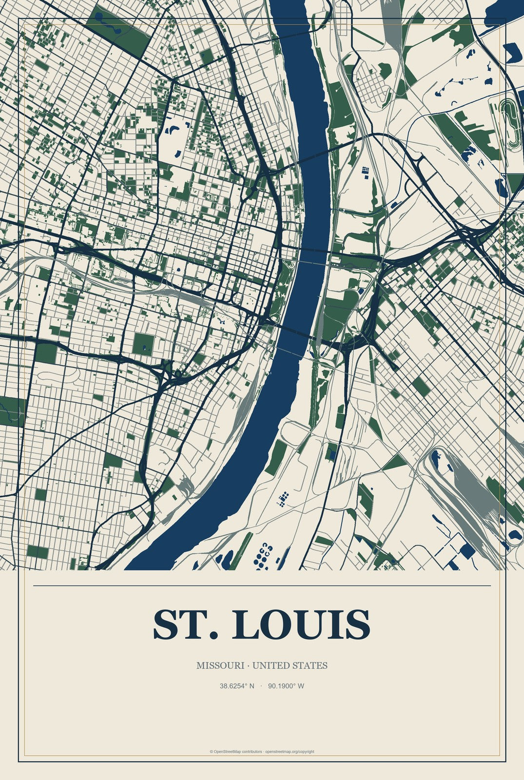 St. Louis, Missouri City Map Aluminum Sign in Coastal Cutout style