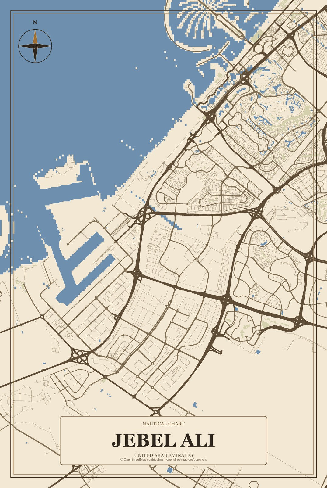 Jebel Ali, United Arab Emirates City Map Aluminum Sign in Heritage Nautical style