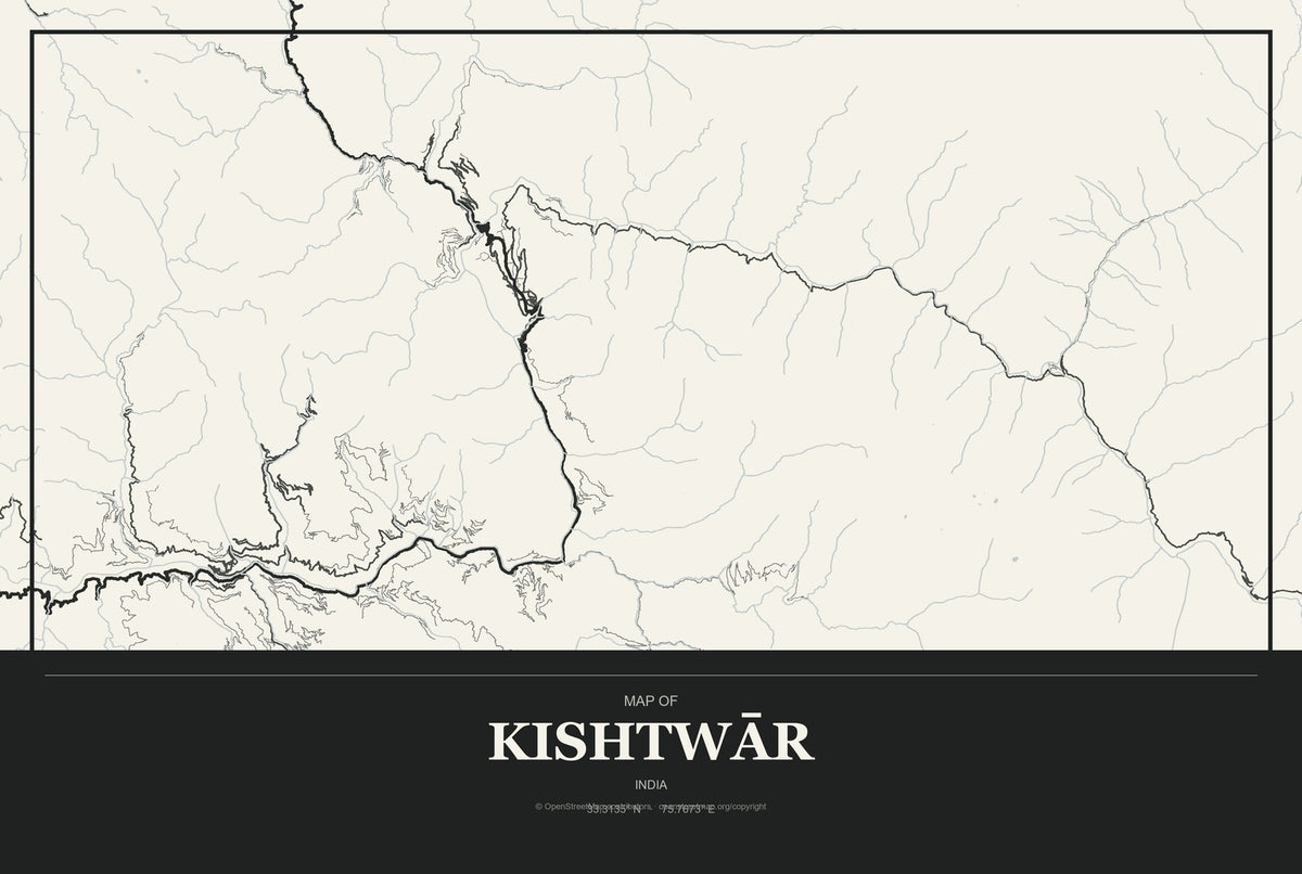 Kishtwār, India City Map Aluminum Sign in Museum Plaque style
