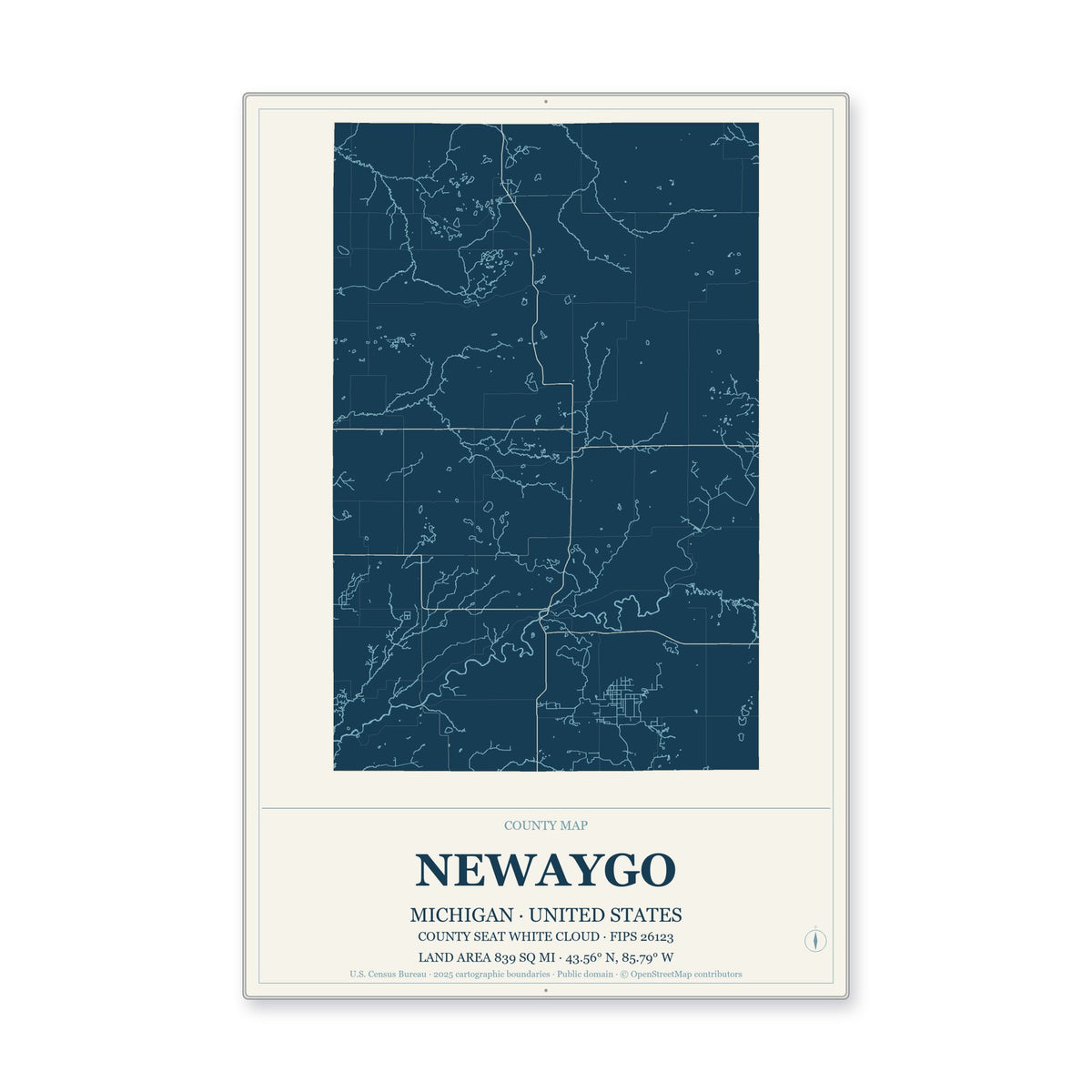 Newaygo County, Michigan Map Aluminum Sign in Coastal Cutout style