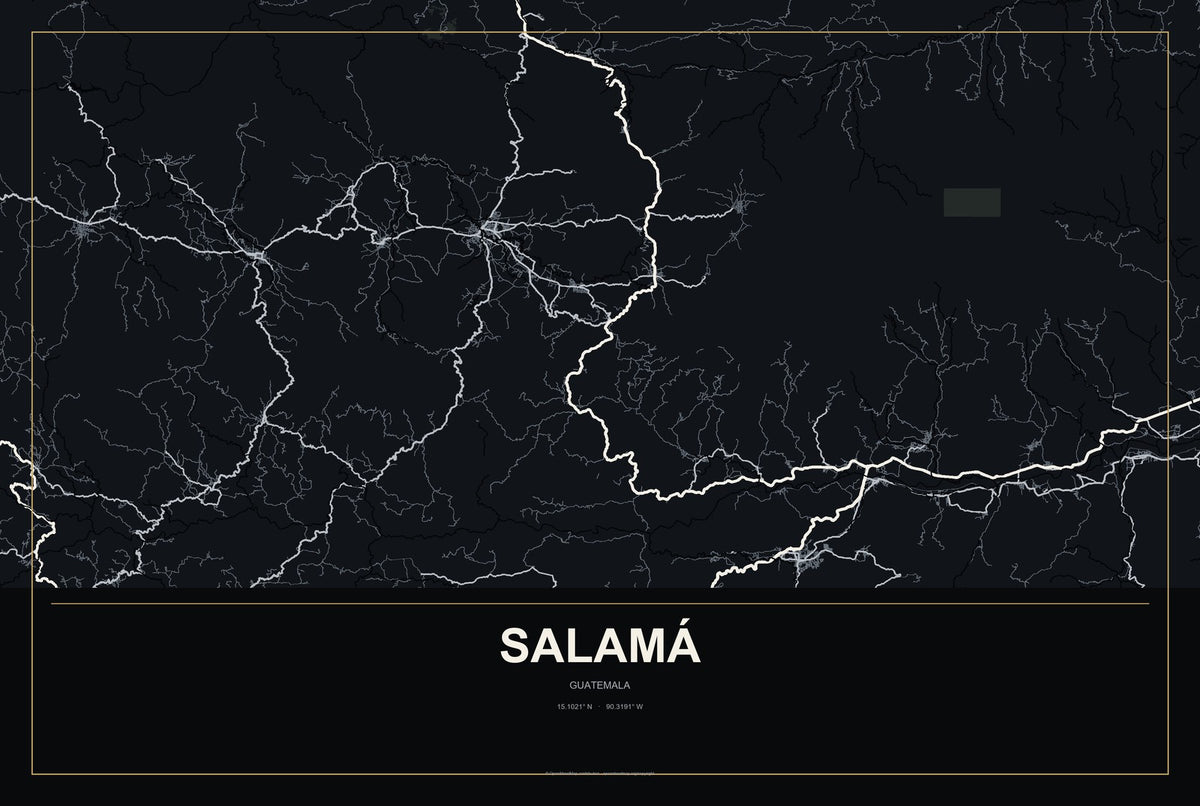 Salamá, Guatemala City Map Aluminum Sign in Metropolitan Noir style