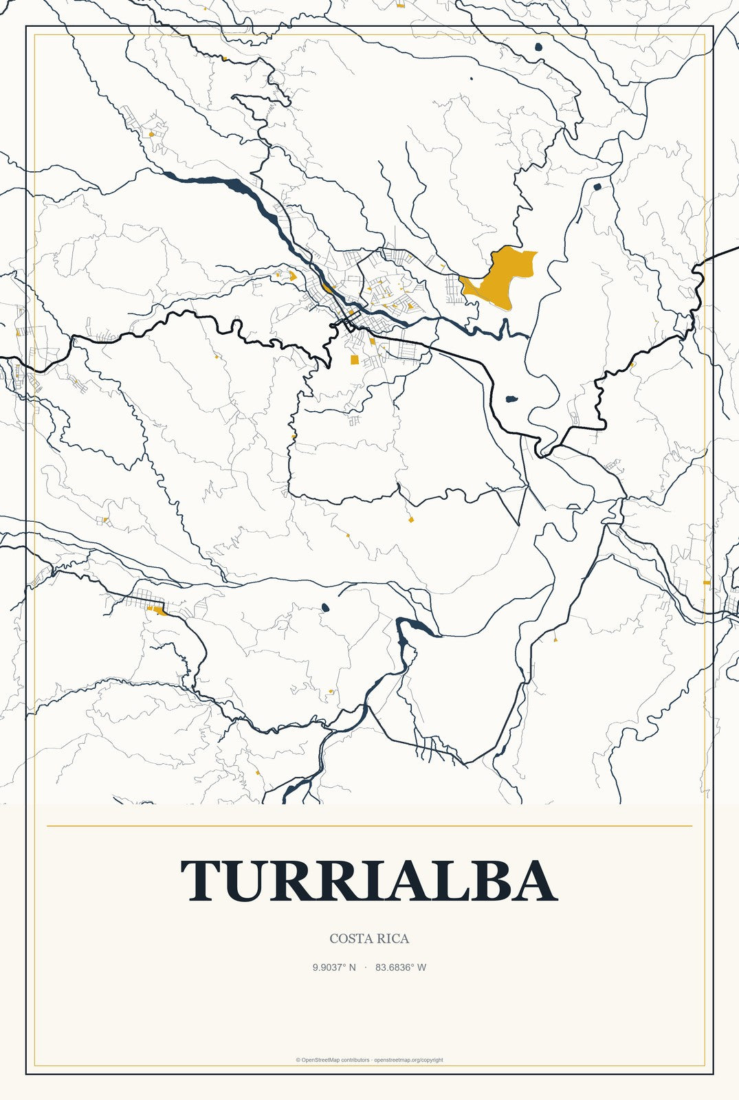 Turrialba, Costa Rica City Map Aluminum Sign in Citrine Modern style