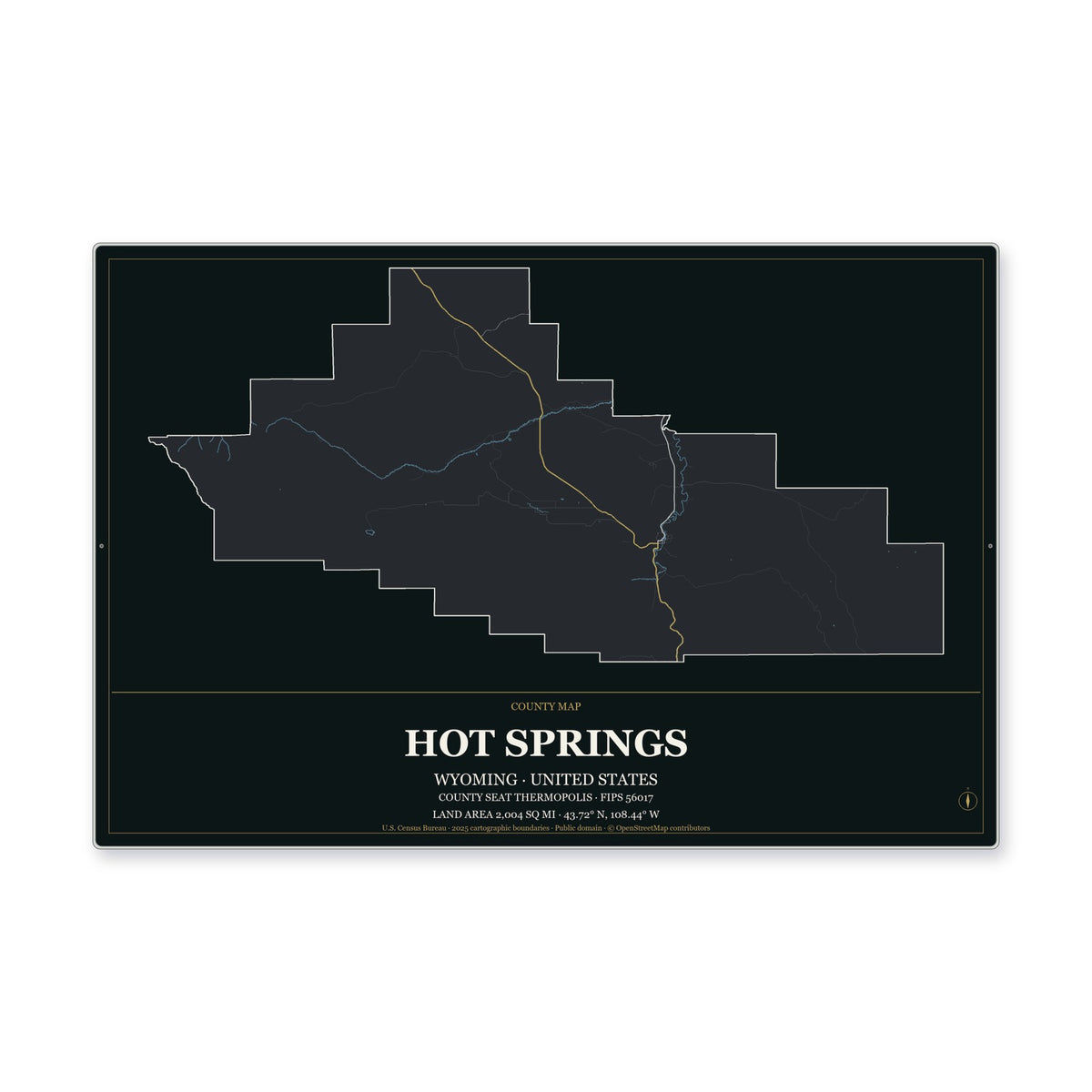 Hot Springs County, Wyoming Map Aluminum Sign in Metropolitan Noir style