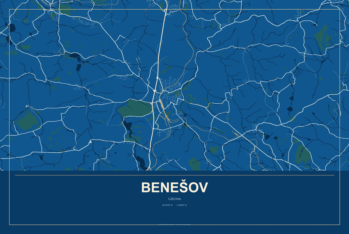 Benešov, Czechia City Map Aluminum Sign in Harbor Cobalt style