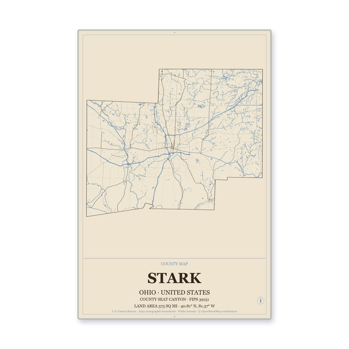 Stark County, Ohio Map Aluminum Sign in Heritage Nautical style