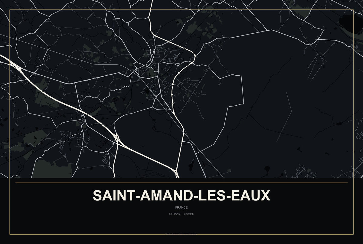 Saint-Amand-les-Eaux, France City Map Aluminum Sign in Metropolitan Noir style