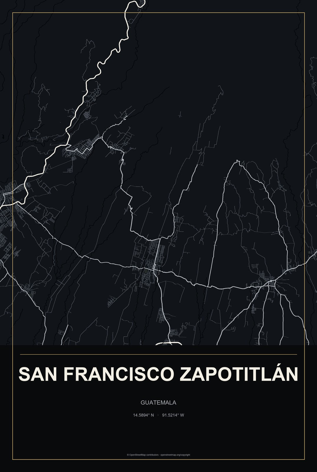 San Francisco Zapotitlán, Guatemala City Map Aluminum Sign in Metropolitan Noir style