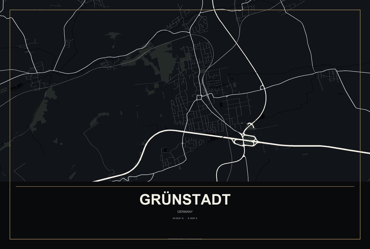 Grünstadt, Germany City Map Aluminum Sign in Metropolitan Noir style