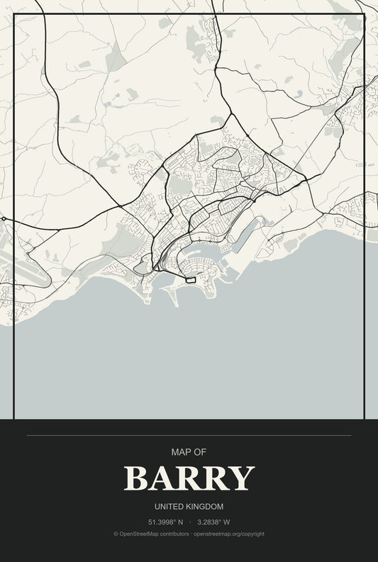 Barry, United Kingdom City Map Aluminum Sign in Museum Plaque style