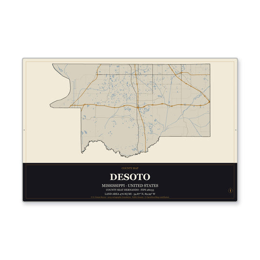 DeSoto County, Mississippi Map Aluminum Sign in Museum Plaque style