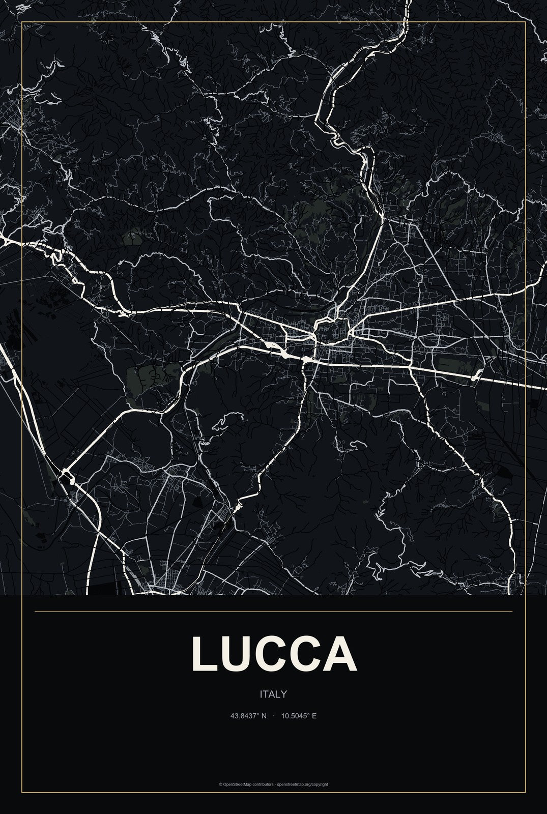 Lucca, Italy City Map Aluminum Sign in Metropolitan Noir style