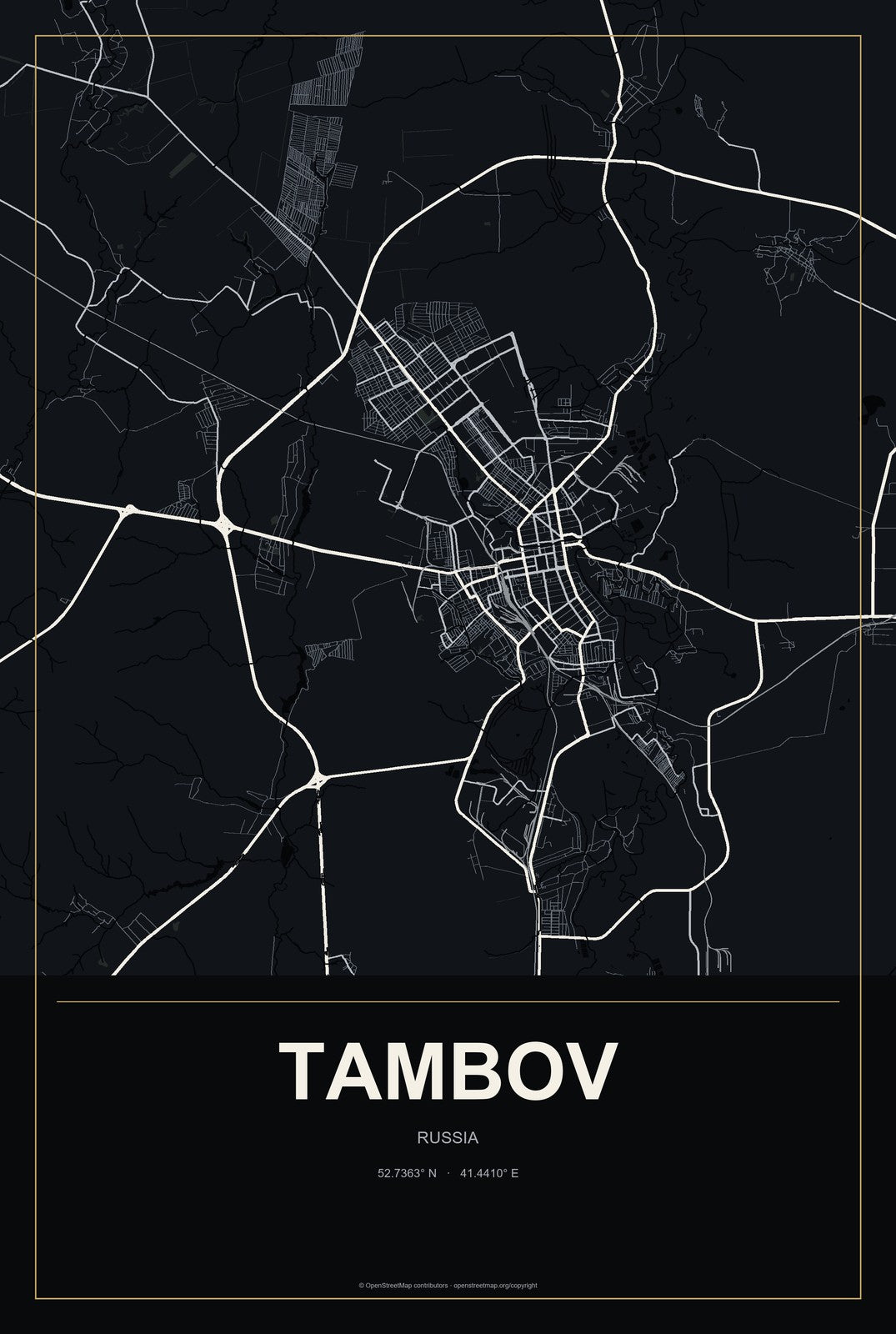 Tambov, Russia City Map Aluminum Sign in Metropolitan Noir style