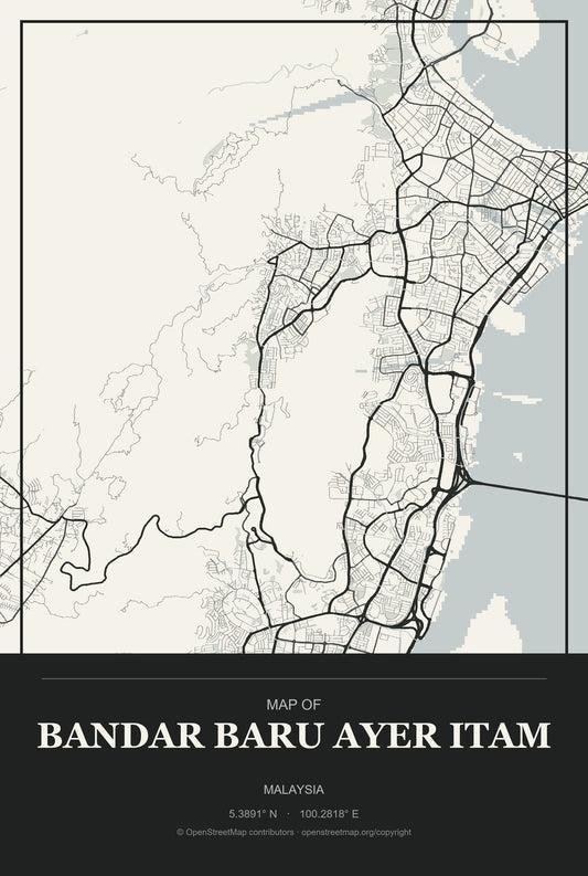 Bandar Baru Ayer Itam, Malaysia City Map Aluminum Sign in Museum Plaque style