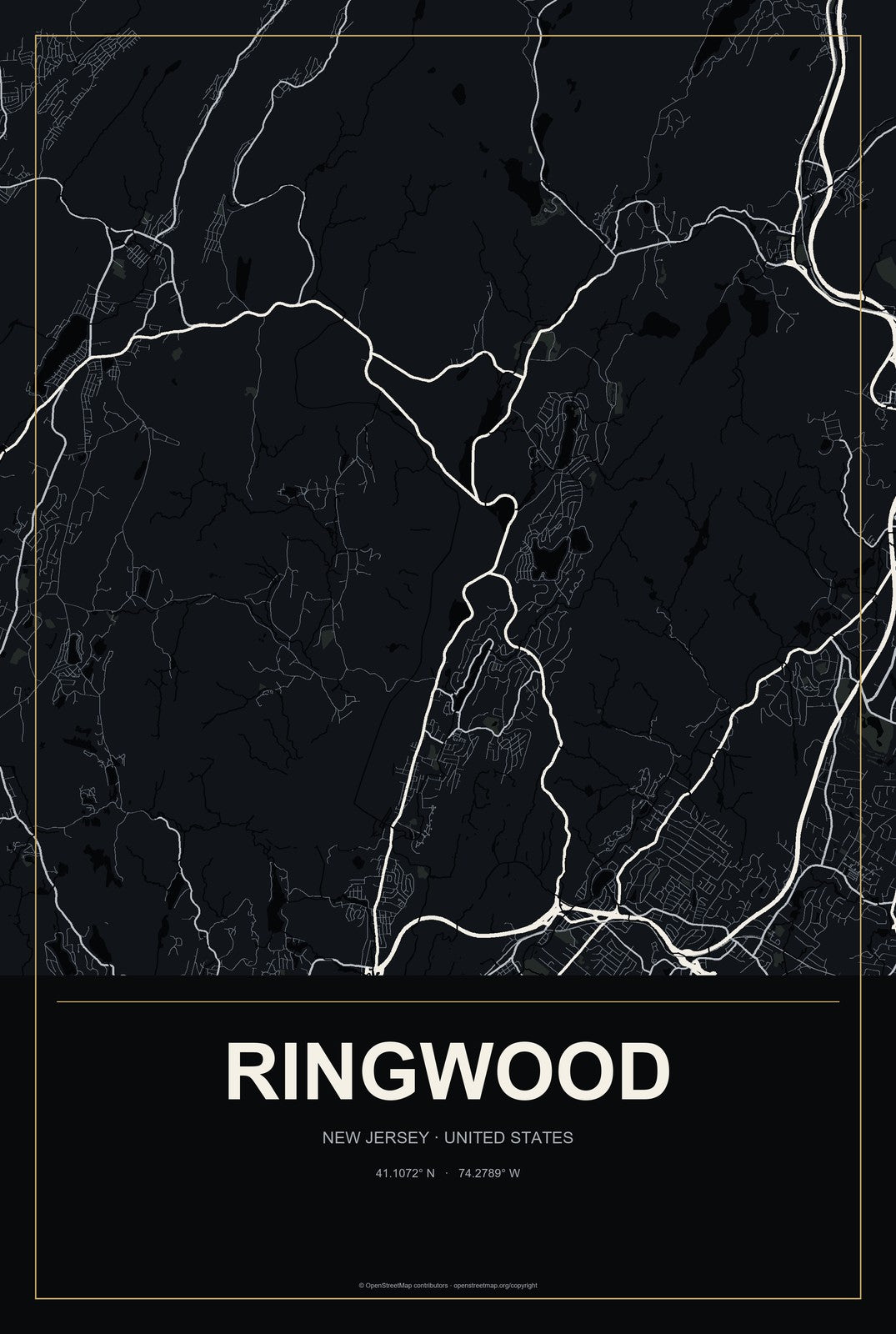 Ringwood, New Jersey City Map Aluminum Sign in Metropolitan Noir style