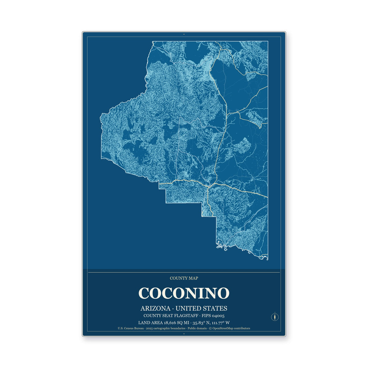 Coconino County, Arizona Map Aluminum Sign in Harbor Cobalt style