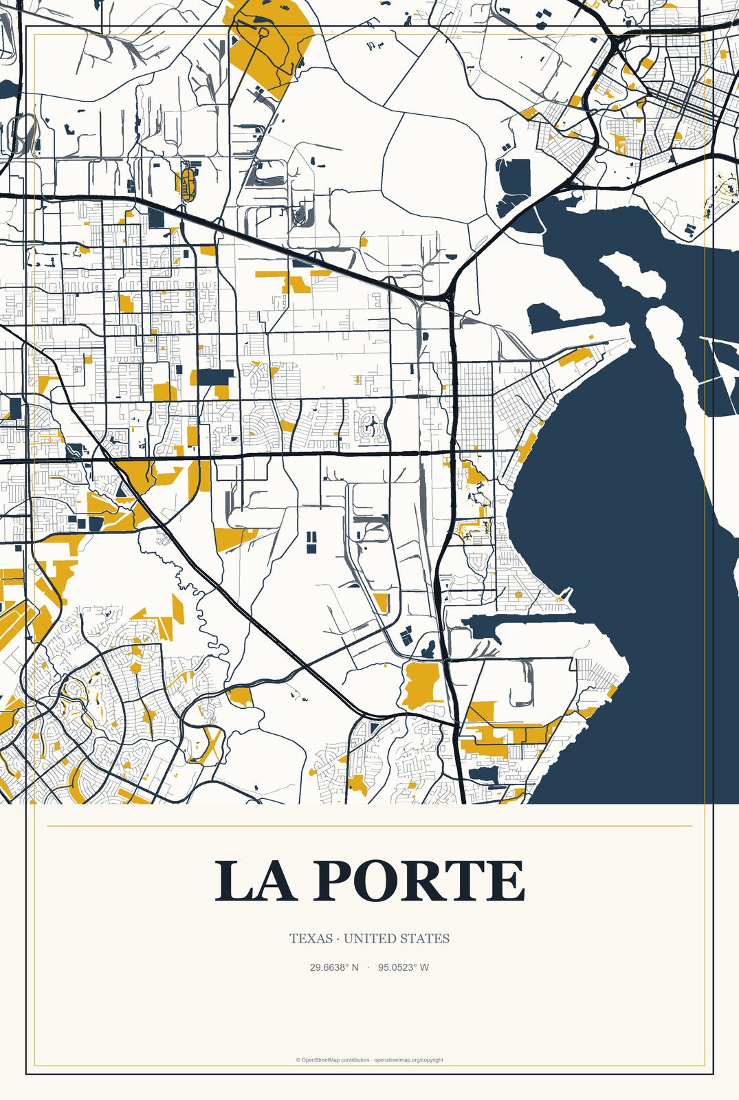 La Porte, Texas City Map Aluminum Sign in Citrine Modern style