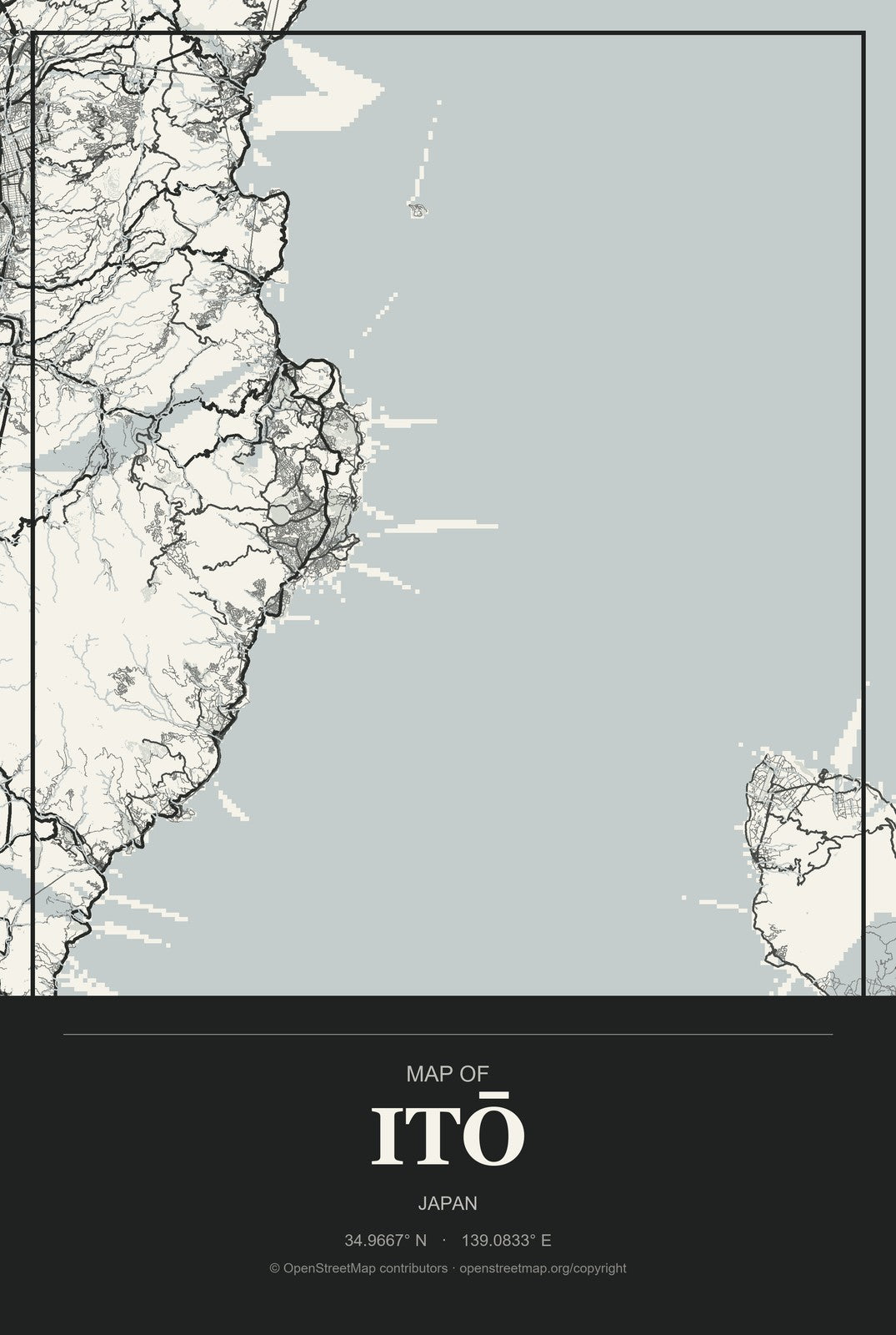 Itō, Japan City Map Aluminum Sign in Museum Plaque style