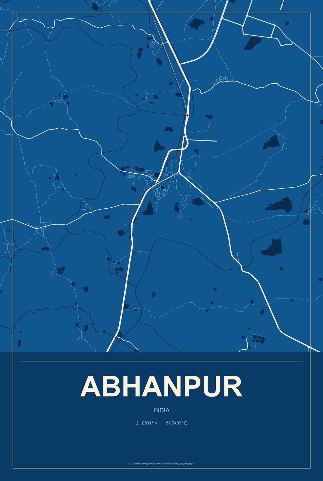 Abhanpur, India City Map Aluminum Sign in Harbor Cobalt style