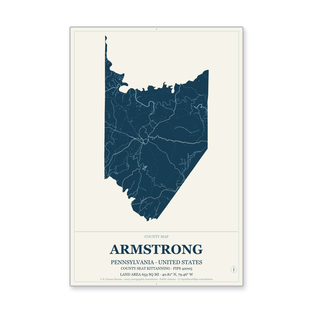 Armstrong County, Pennsylvania Map Aluminum Sign in Coastal Cutout style