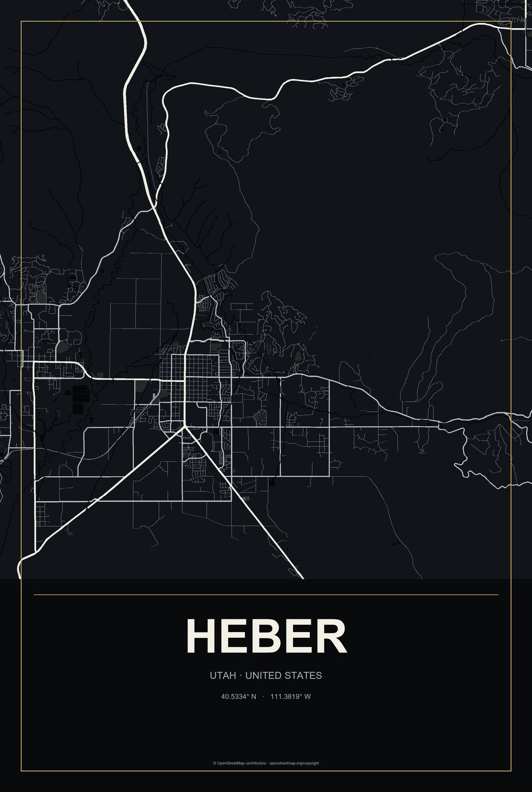 Heber, Utah City Map Aluminum Sign in Metropolitan Noir style