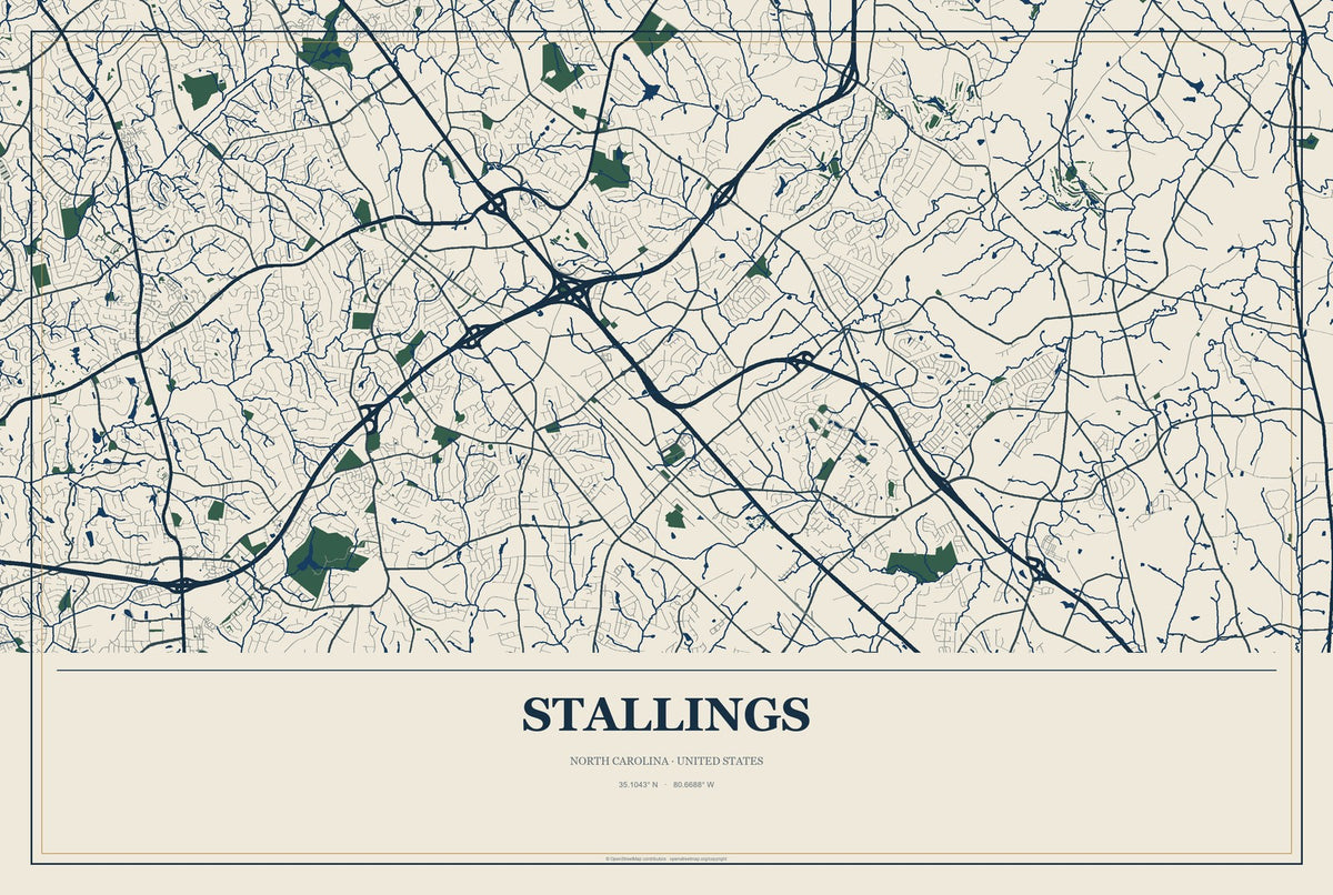 Stallings, North Carolina City Map Aluminum Sign in Coastal Cutout style