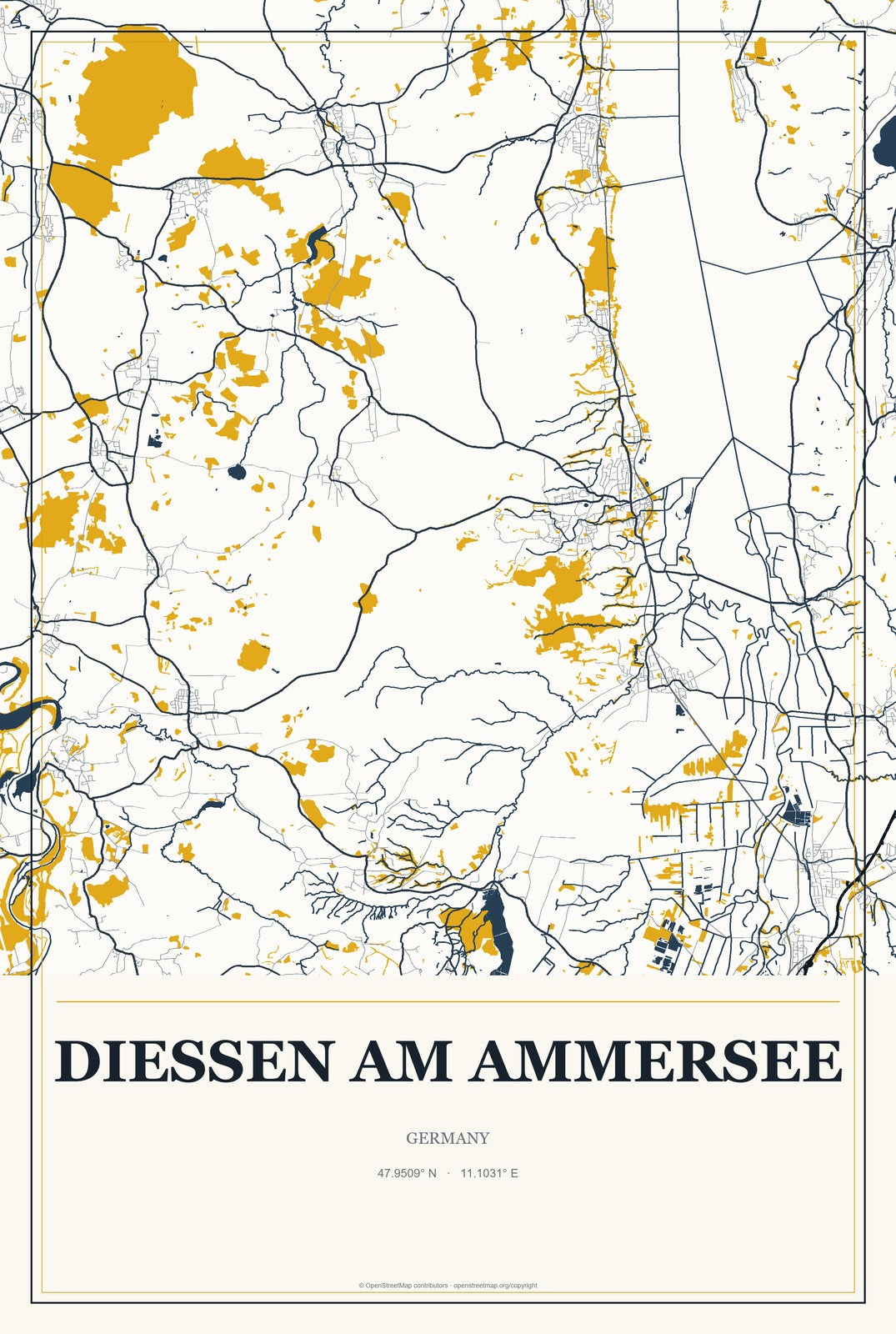 Dießen am Ammersee, Germany City Map Aluminum Sign in Citrine Modern style