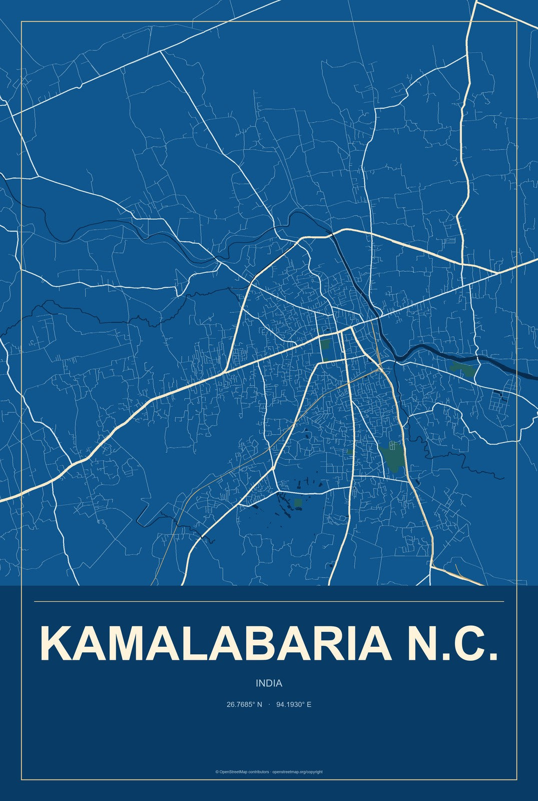 Kamalabaria N.C., India City Map Aluminum Sign in Harbor Cobalt style