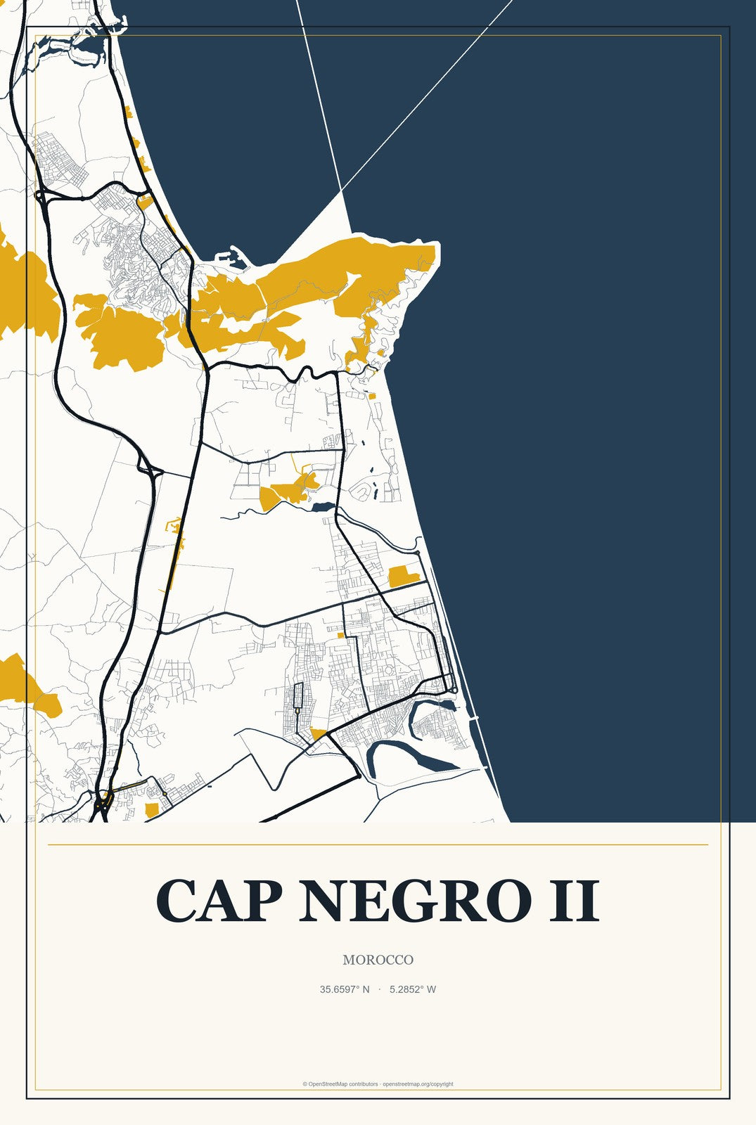 Cap Negro II, Morocco City Map Aluminum Sign in Citrine Modern style