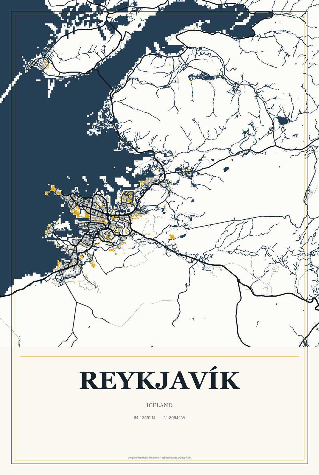 Reykjavík, Iceland City Map Aluminum Sign in Citrine Modern style