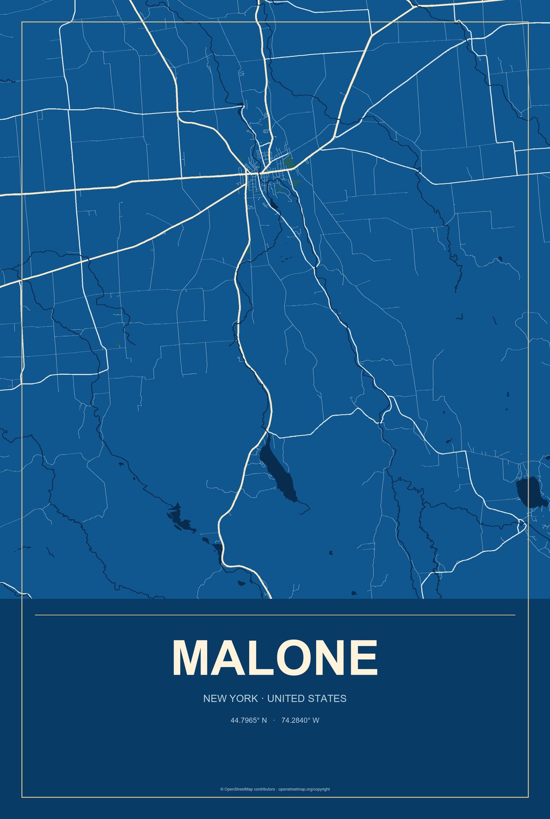 Malone, New York City Map Aluminum Sign in Harbor Cobalt style