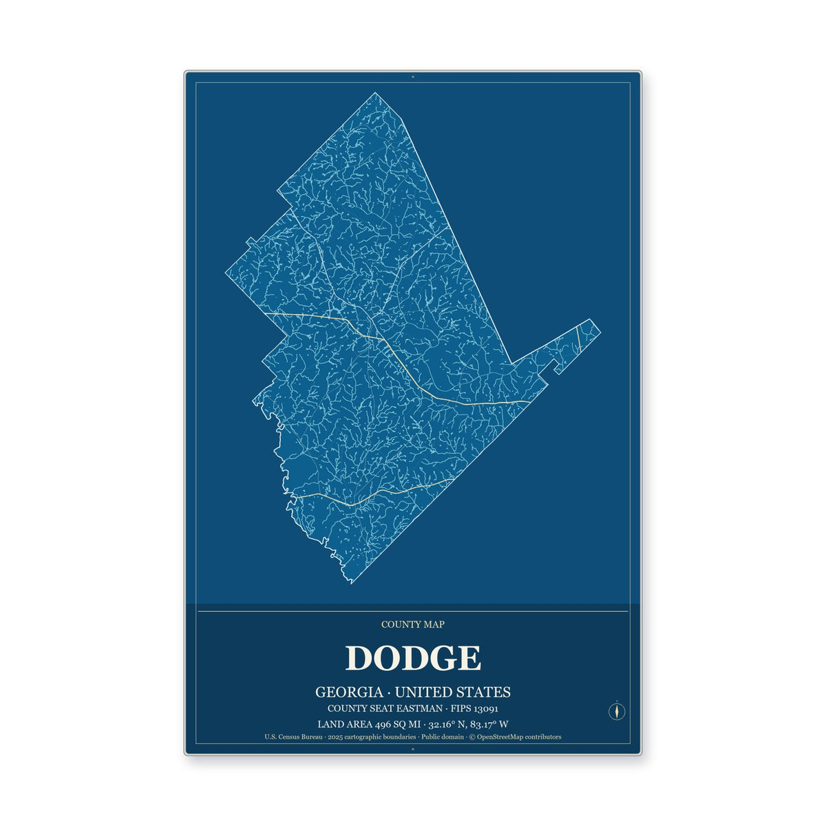 Dodge County, Georgia Map Aluminum Sign in Harbor Cobalt style