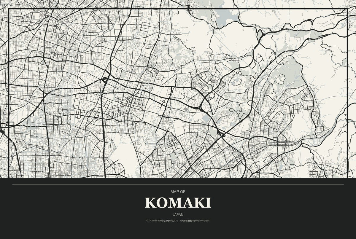 Komaki, Japan City Map Aluminum Sign in Museum Plaque style