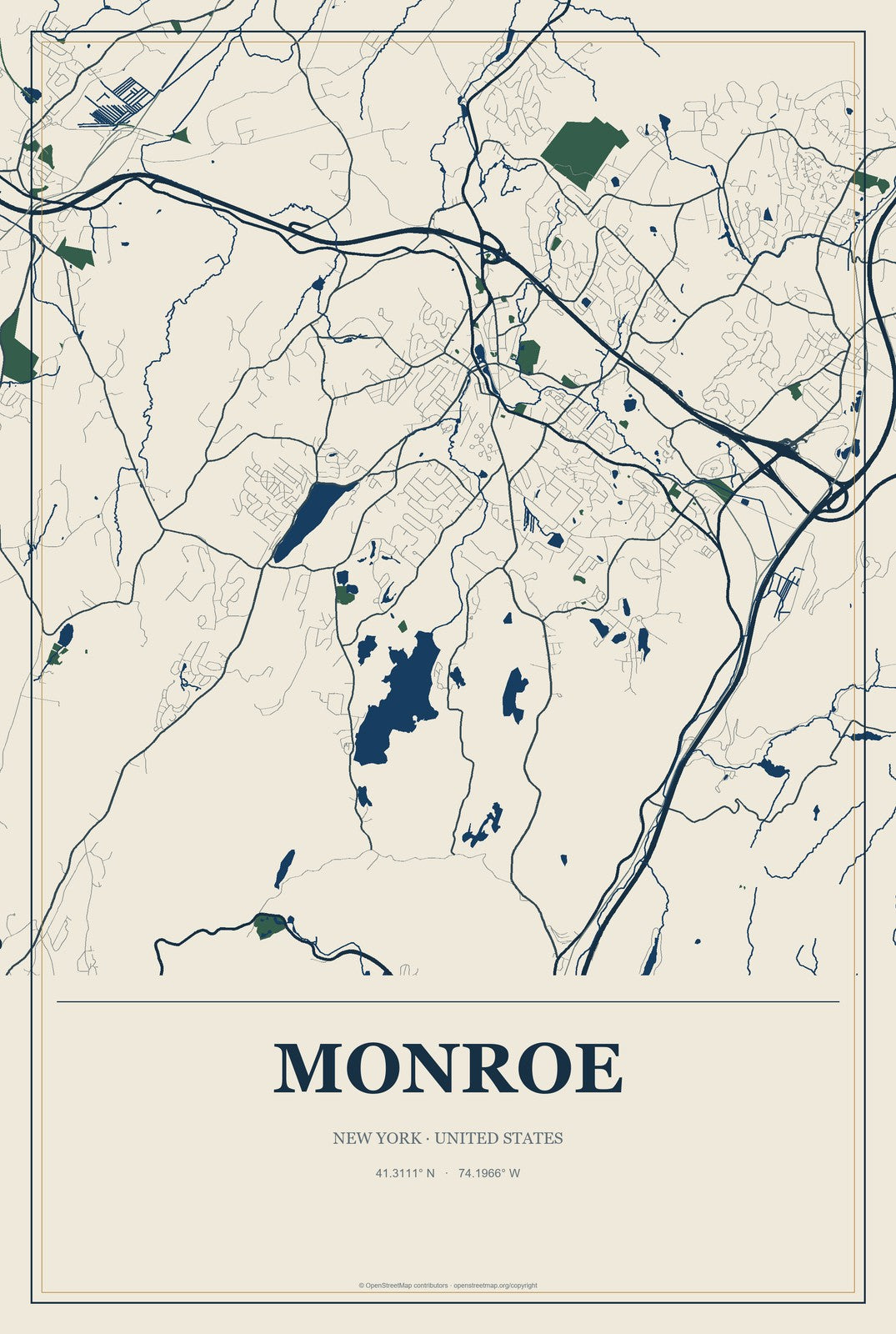 Monroe, New York City Map Aluminum Sign in Coastal Cutout style