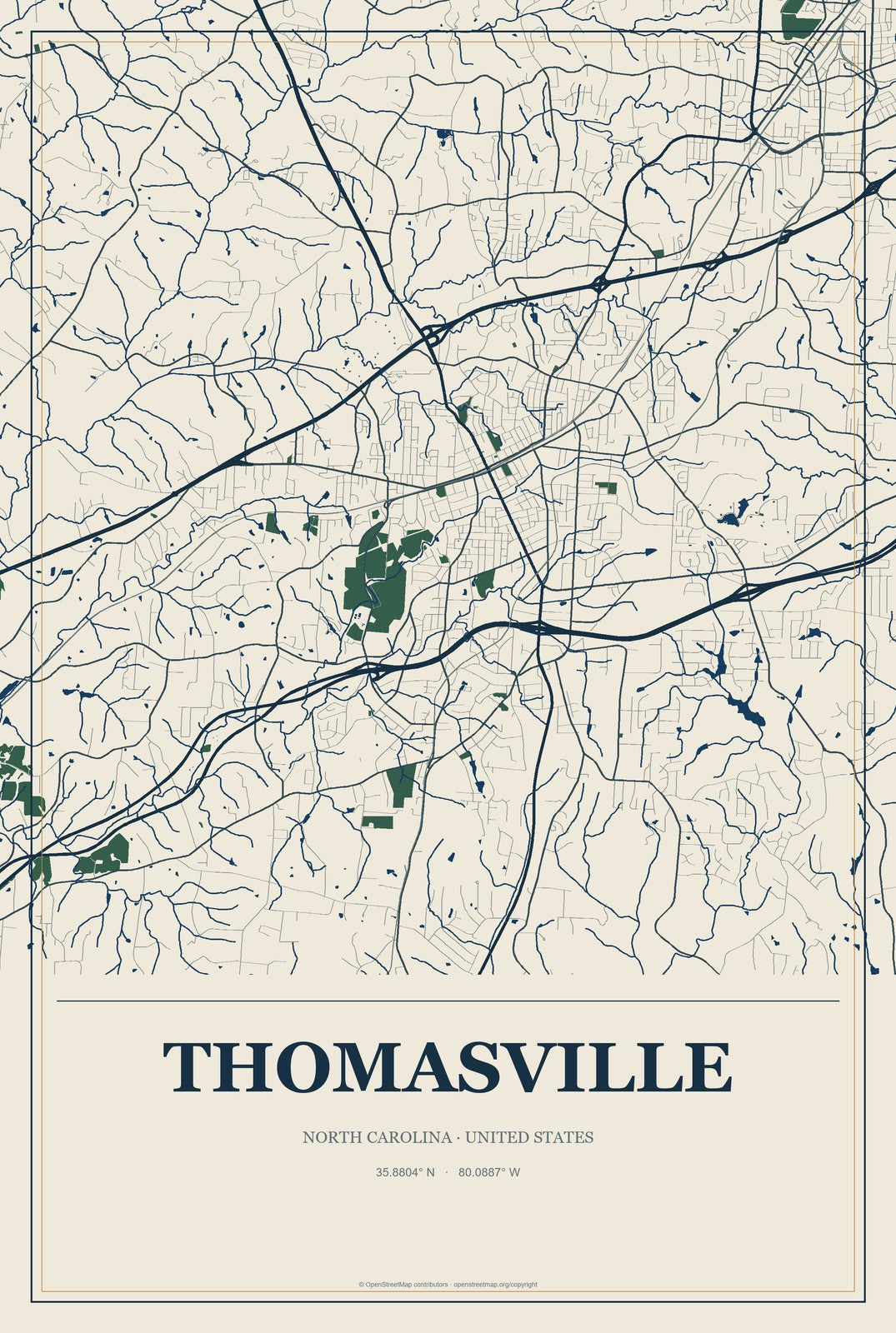Thomasville, North Carolina City Map Aluminum Sign in Coastal Cutout style