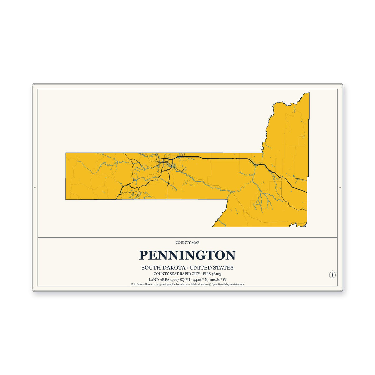 Pennington County, South Dakota Map Aluminum Sign in Citrine Modern style