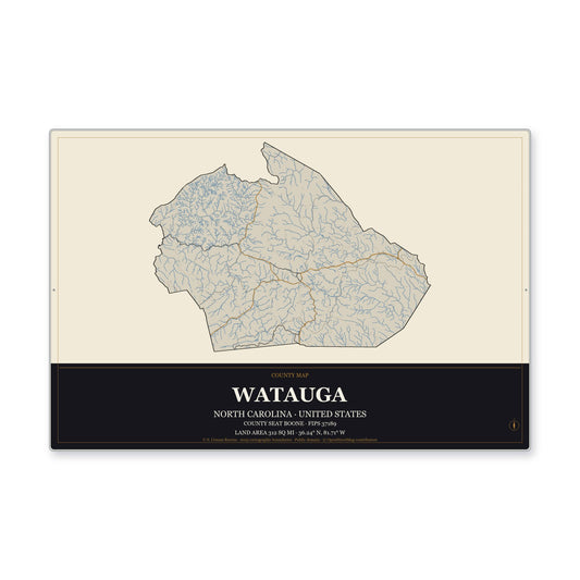 Watauga County, North Carolina Map Aluminum Sign in Museum Plaque style
