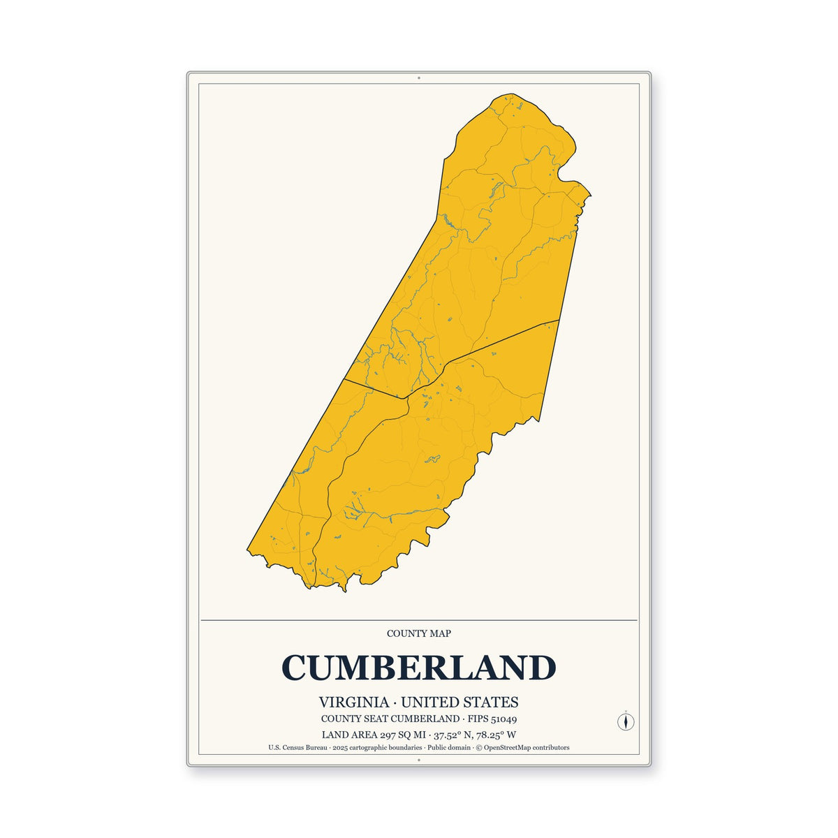 Cumberland County, Virginia Map Aluminum Sign in Citrine Modern style