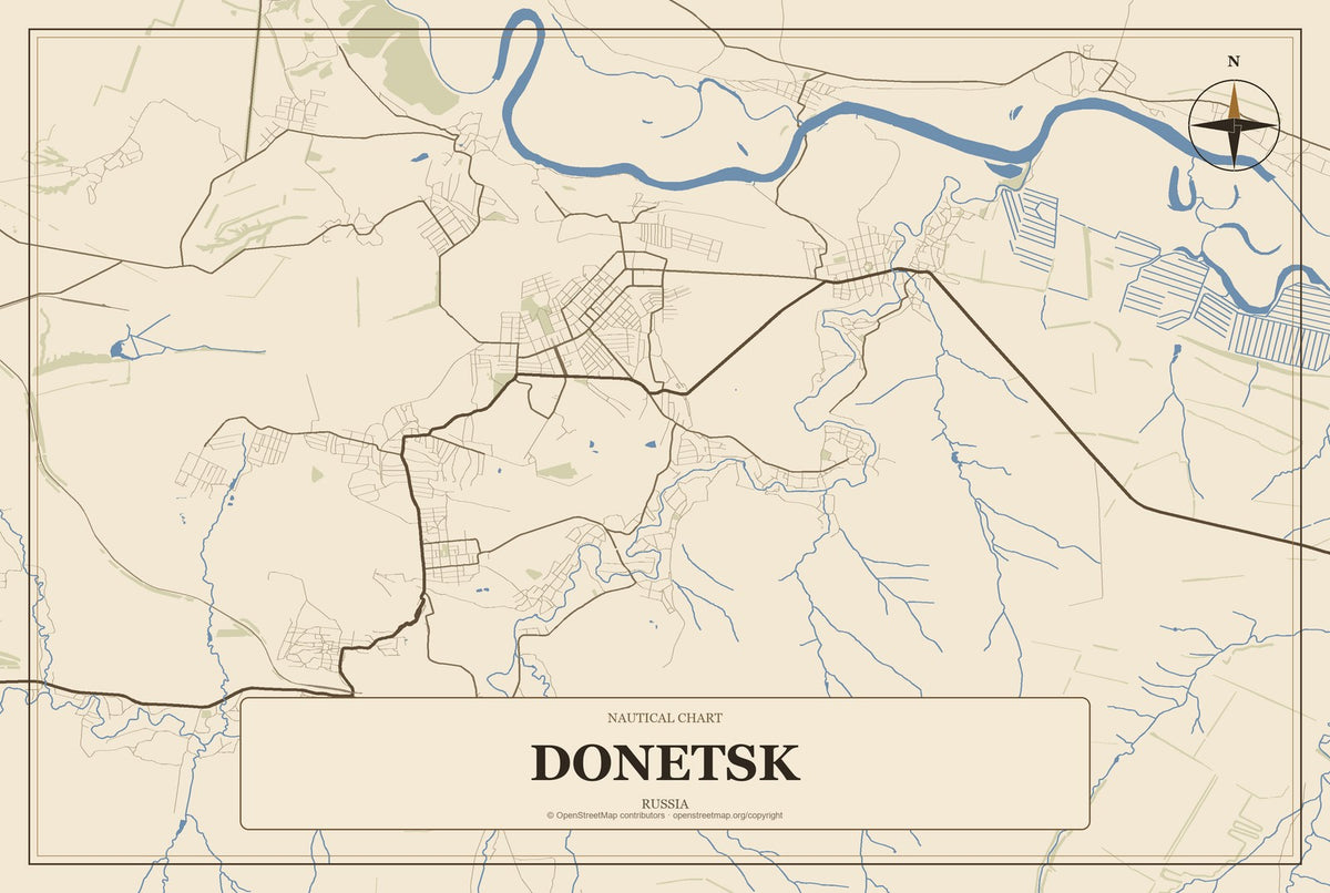Donetsk, Russia City Map Aluminum Sign in Heritage Nautical style