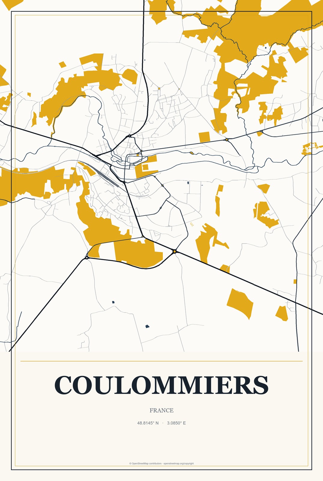 Coulommiers, France City Map Aluminum Sign in Citrine Modern style