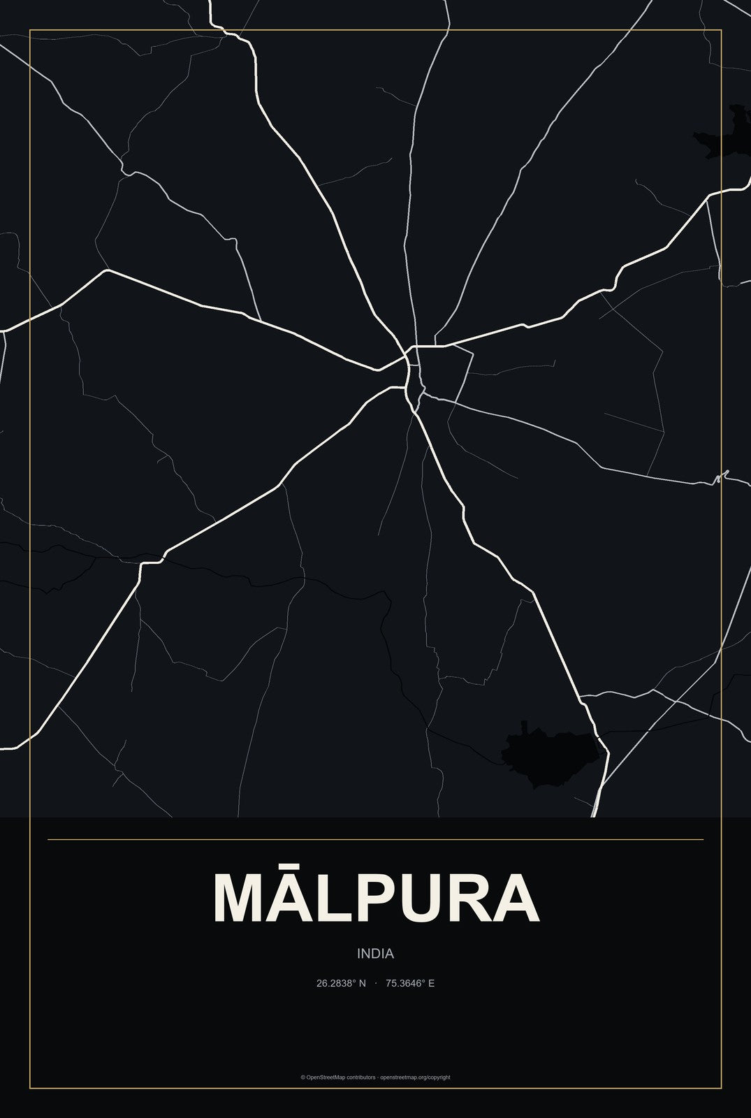Mālpura, India City Map Aluminum Sign in Metropolitan Noir style
