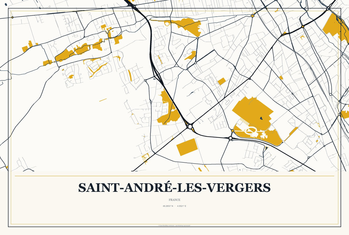 Saint-André-les-Vergers, France City Map Aluminum Sign in Citrine Modern style