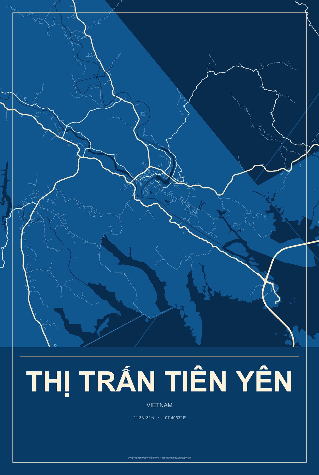 Thị Trấn Tiên Yên, Vietnam City Map Aluminum Sign in Harbor Cobalt style